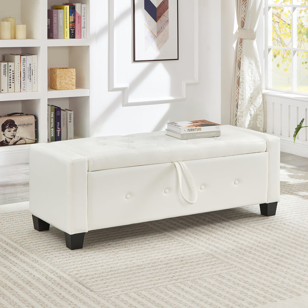 48' Ottoman Bench with Storage, Bench for Bedroom,Living Room,Hallway, Upholstered Tufted Faux Leather PU Ottoman Ivory White - Grand Goldman Shop