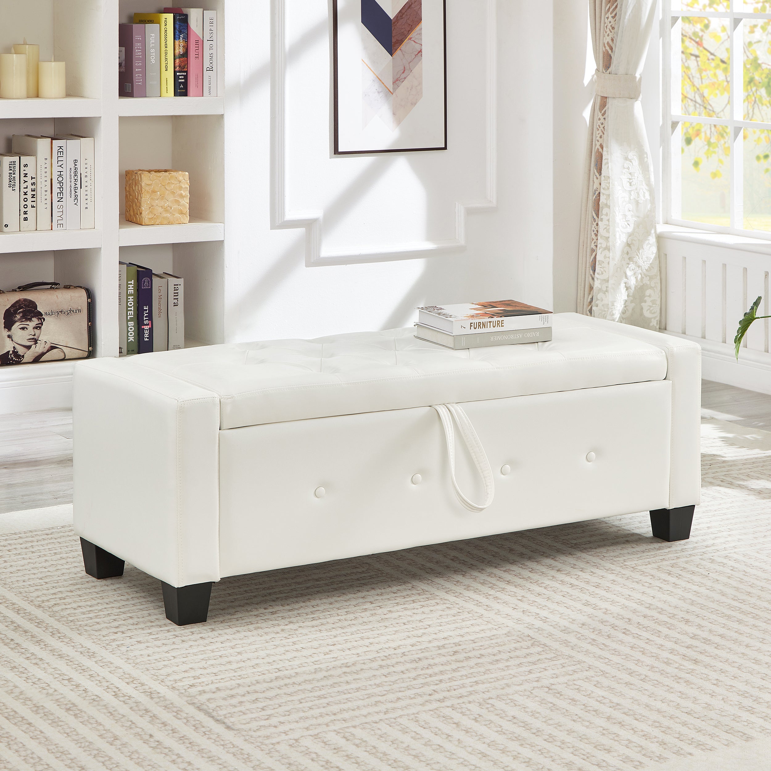 48' Ottoman Bench with Storage, Bench for Bedroom,Living Room,Hallway, Upholstered Tufted Faux Leather PU Ottoman Ivory White - Grand Goldman Shop