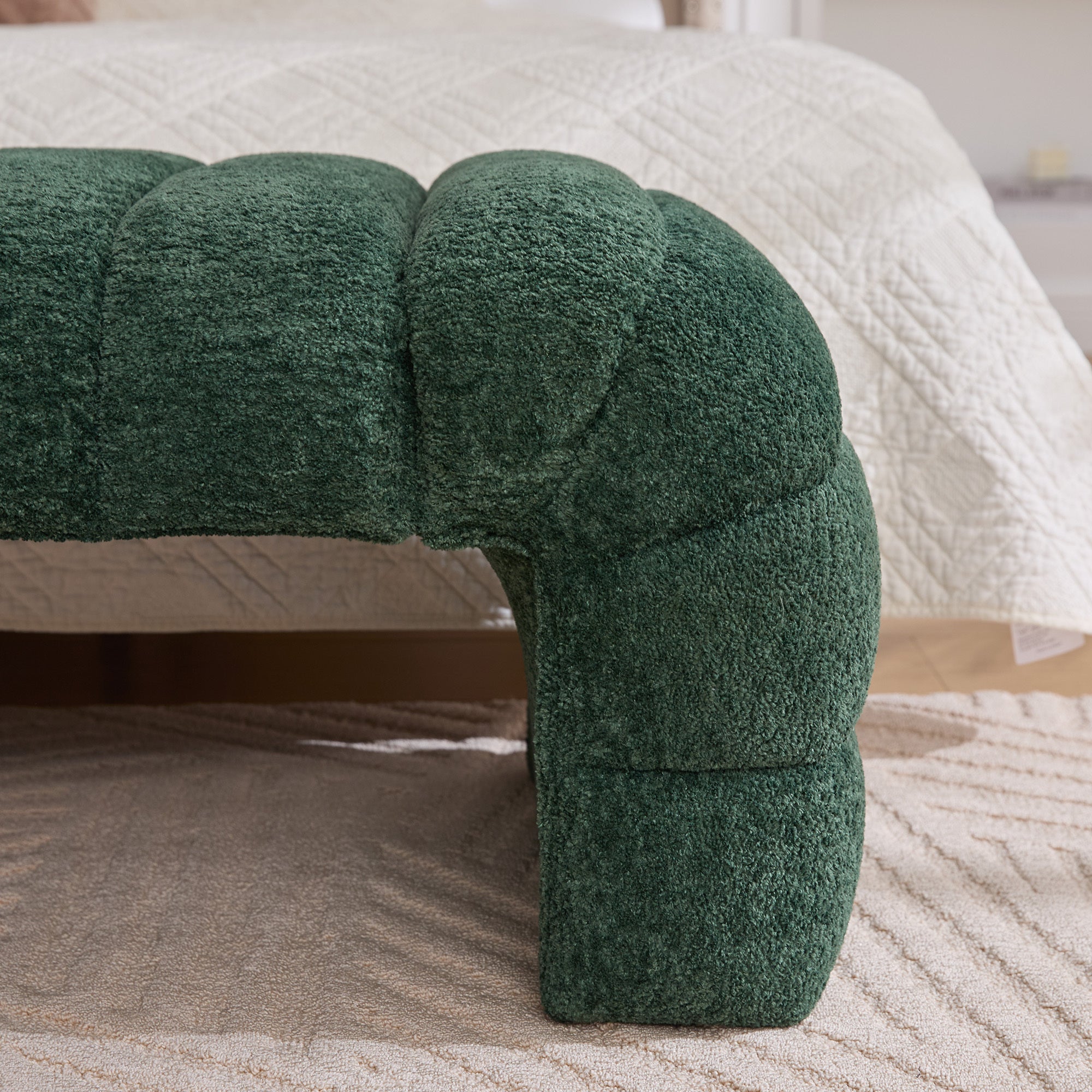 Modern Upholstered Armless Bed Bench with Channel Tufting in Green Chenille, 69.7' Wide - Grand Goldman Shop