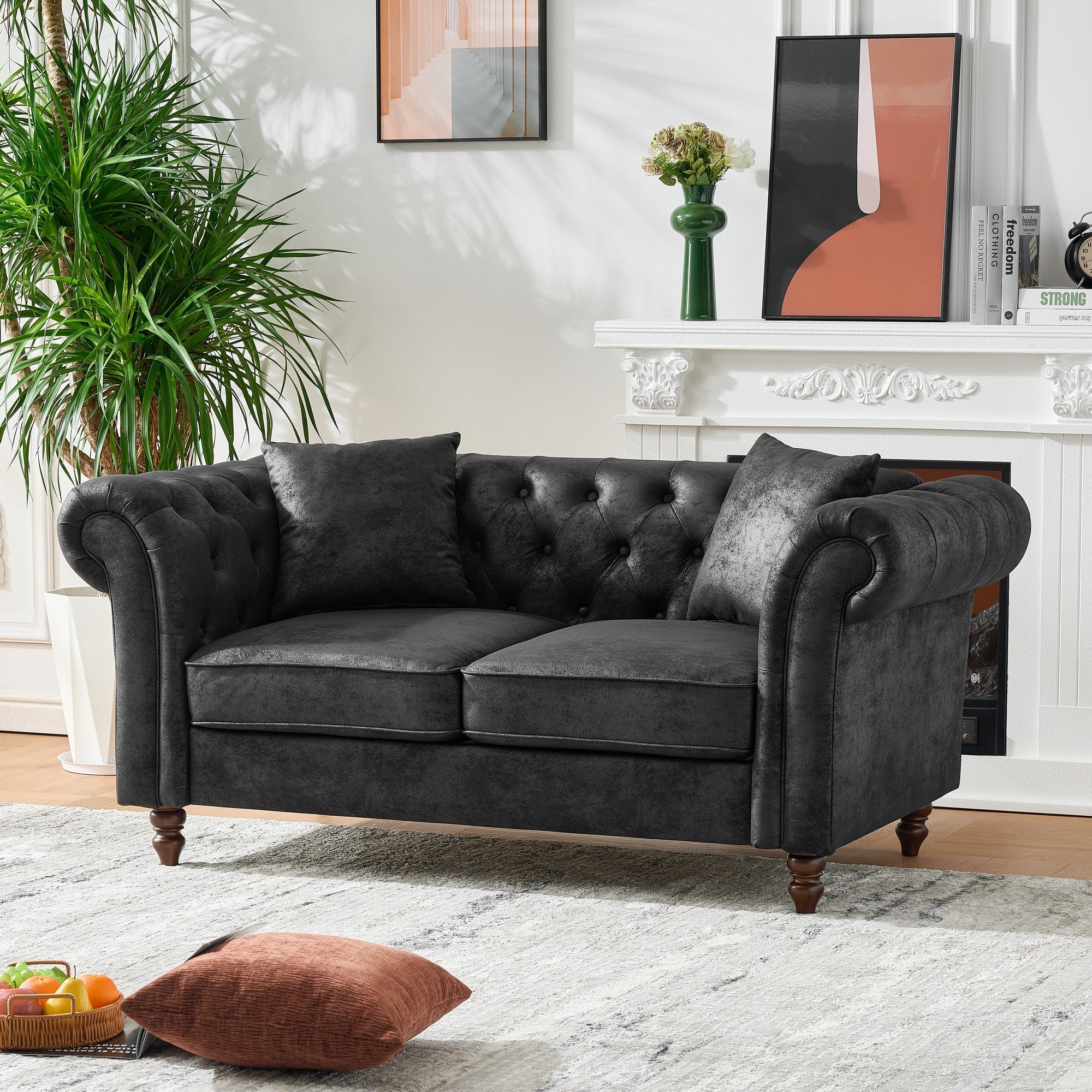 Chesterfield Faux Leather Sofa, High-tech Fabric Roll Armrest, Black, 66' - Grand Goldman Shop