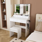 Modern White Vanity Desk with Large Mirror, Power Outlet & Hair Dryer Holder, Adjustable Lighting, 5 Drawers - Grand Goldman Shop