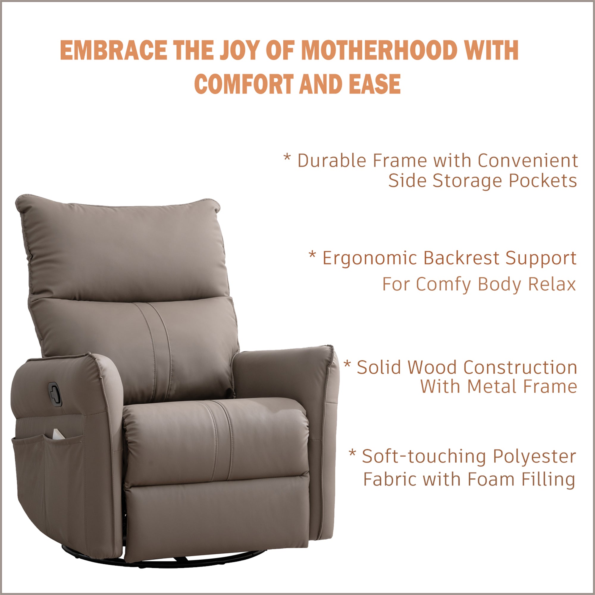 PU Rocking Recliner Chair, 360° Swivel Nursery Rocking Chair, Glider Chair, Modern Small Rocking Swivel Recliner Chair, Home Theater Seating, Side Pocket (Brown+360° Swivel) - Grand Goldman Shop