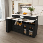 Retro Kitchen Island with Extendable Rotating Table, Black Marble Veneer on MDF, 4 Drawers & Glass Door Cabinets, Built-in Socket, Fits 2-4 People - Grand Goldman Shop