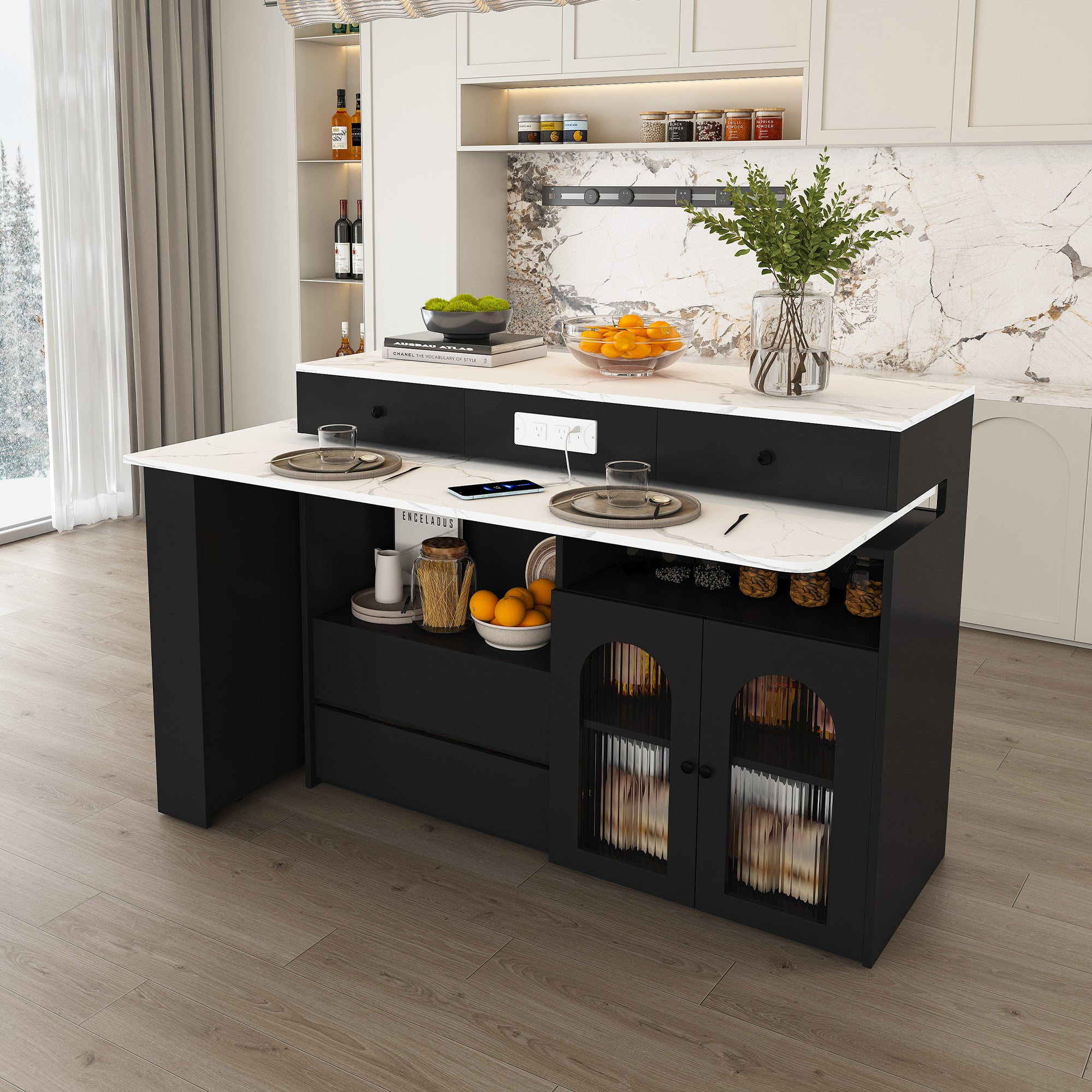 Retro Kitchen Island with Extendable Rotating Table, Black Marble Veneer on MDF, 4 Drawers & Glass Door Cabinets, Built-in Socket, Fits 2-4 People - Grand Goldman Shop
