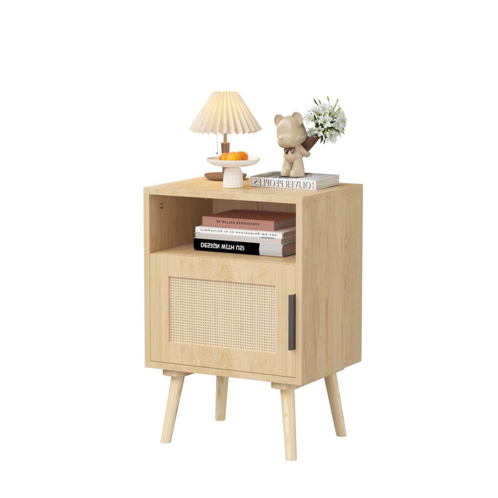 Oak Finish Rattan Nightstand with Solid Wood Legs, 22.83'' H Side Table with Door and Open Shelf for Bedroom, Dorm, and Small Spaces - Grand Goldman Shop