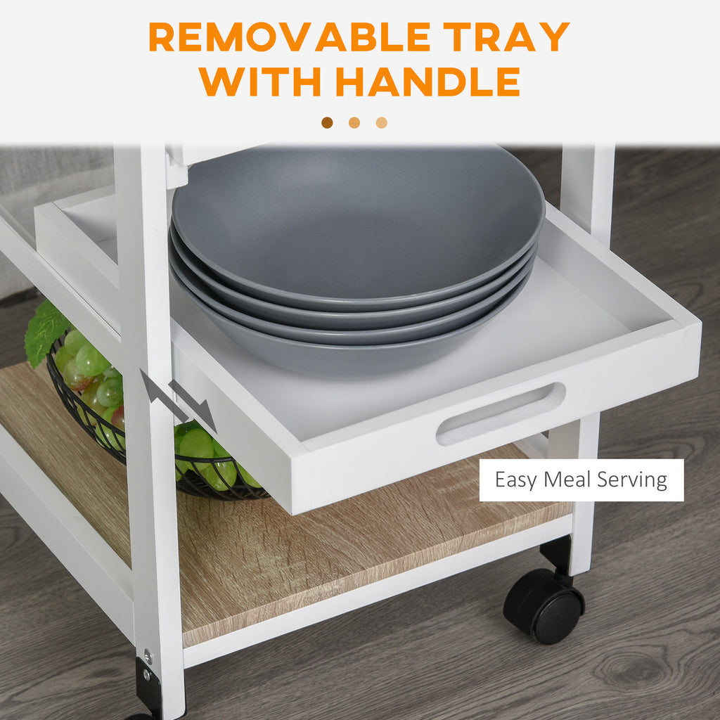 HOMCOM Mobile Kitchen Cart, Rolling Kitchen Island with Storage, Solid Wood Frame Utility Cart with Wire Fruit Baskets, Trays and Drawer, White - Grand Goldman Shop