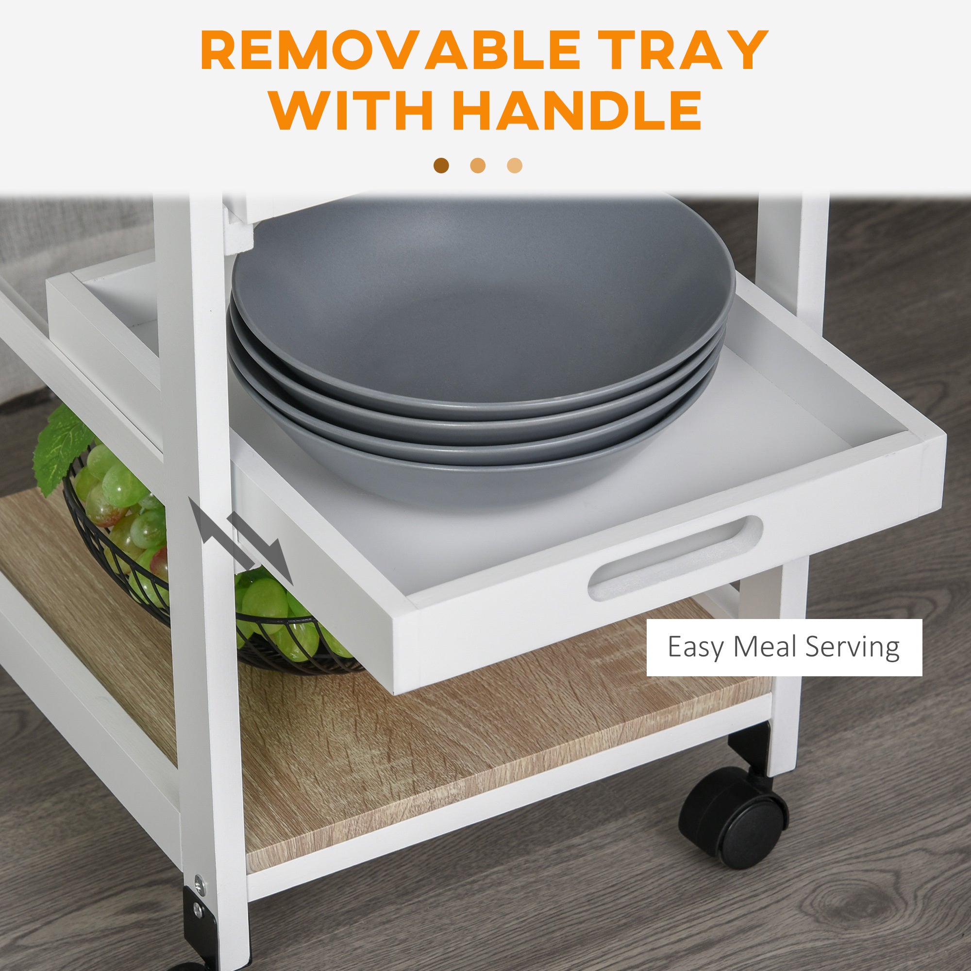 HOMCOM Mobile Kitchen Cart, Rolling Kitchen Island with Storage, Solid Wood Frame Utility Cart with Wire Fruit Baskets, Trays and Drawer, White - Grand Goldman Shop