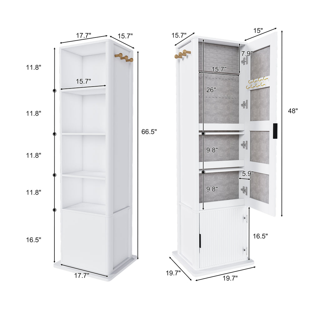 360° Rotating White Makeup Cabinet with Full-Length Mirror, Jewelry Storage, Coat Rack, 4 Open Shelves, 2 Built-In Shelves, MDF and Glass - Grand Goldman Shop