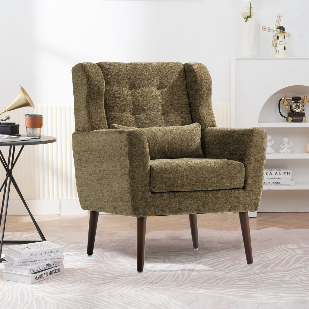 Modern Accent Chair, Chenille Arm Chairs for Living Room, Upholstered Modern Armchair, Comfy Soft Padded Lounge Chair in Small Space, Bedroom, w/Pillow, Solid Wood Leg, Olive Green - Grand Goldman Shop