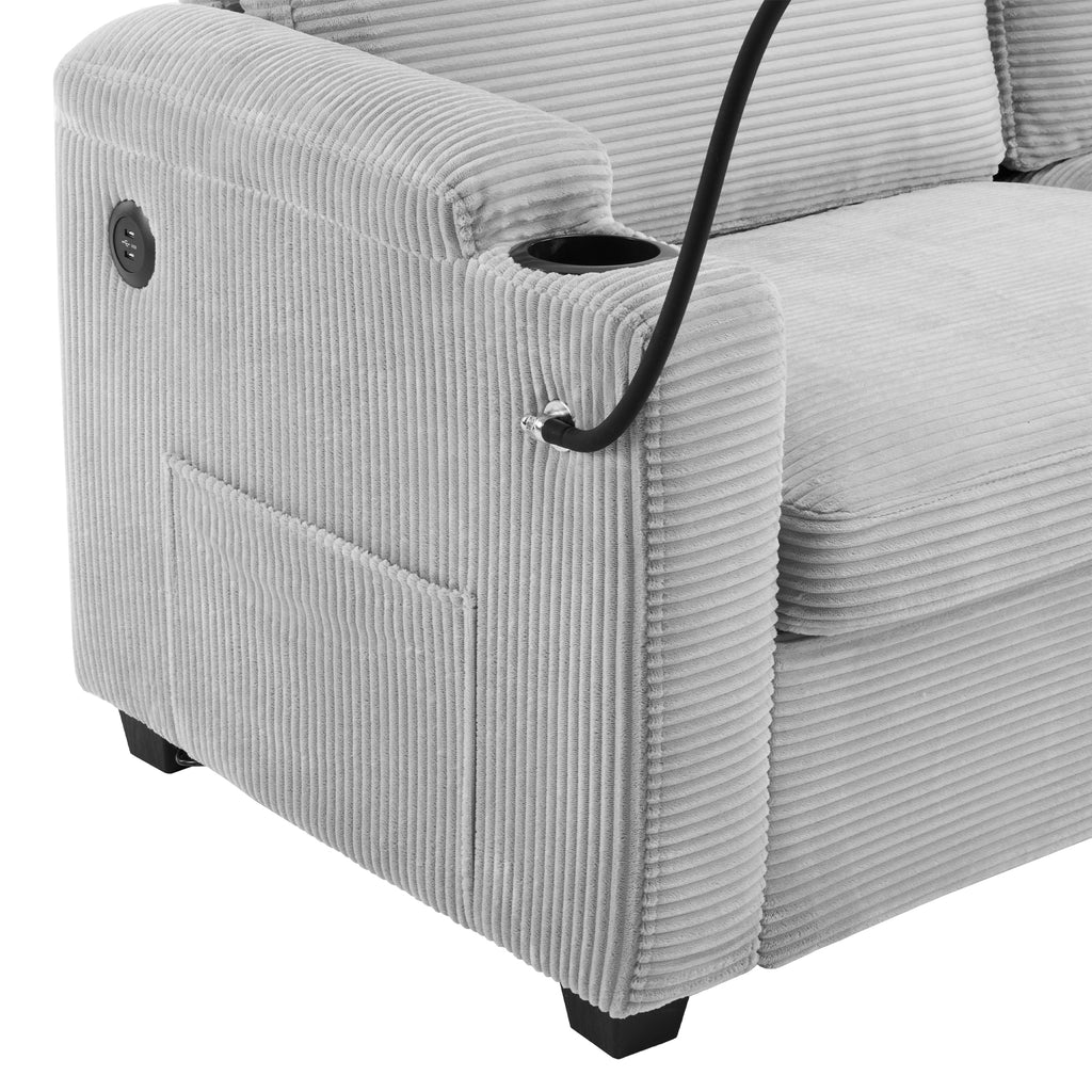 Corduroy Sleeper Sofa Loveseat with Full Size Mattress, USB Ports, Cup Holders, Side Pockets, and Phone Holder, Grey - Grand Goldman Shop