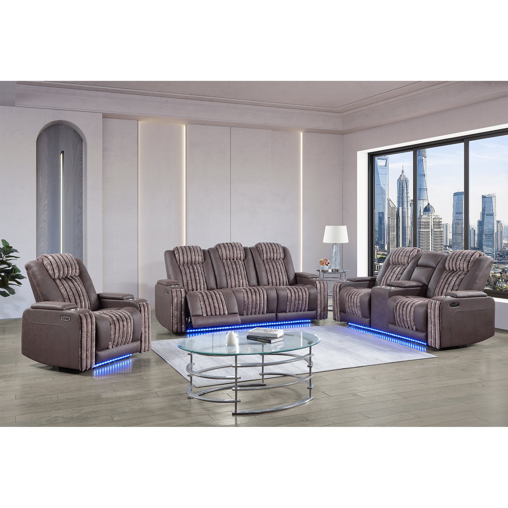 Duran Brown 3PC Power Reclining Sofa-Loveseat and Recliner with Power Headrest, LED, USB, and Bluetooth Speaker - Grand Goldman Shop