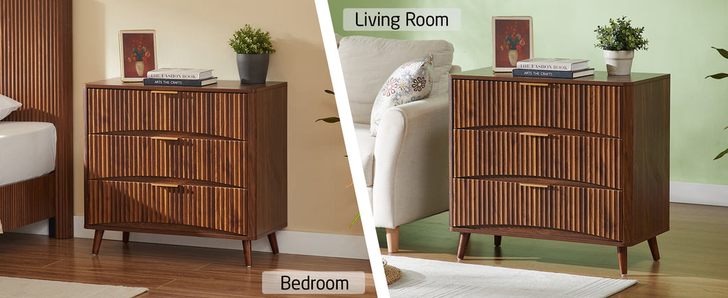 Fluted 3 Drawer Dresser Set of 2, Mid-Century Modern Tall Chest of Drawers with Vertical Grooved Design, Solid Wood Storage Cabinet with Metal Handles for Bedroom Living Room, Walnut - Grand Goldman Shop