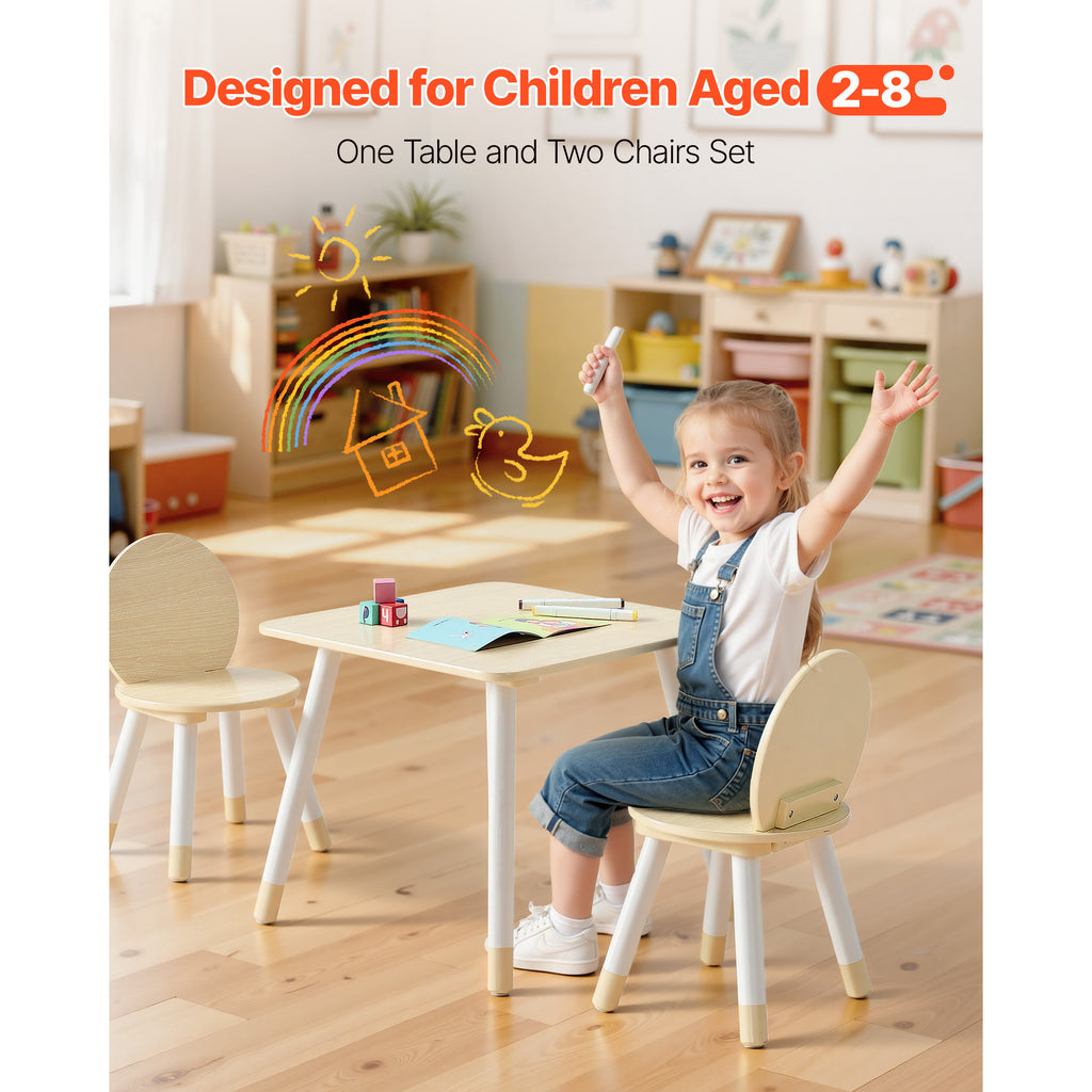 Kids Table and 2 Chairs Set, Toddler Table and Chair Set with Rounded Edge Design & Graffiti Desktop, Wooden Desk for Art, Cr