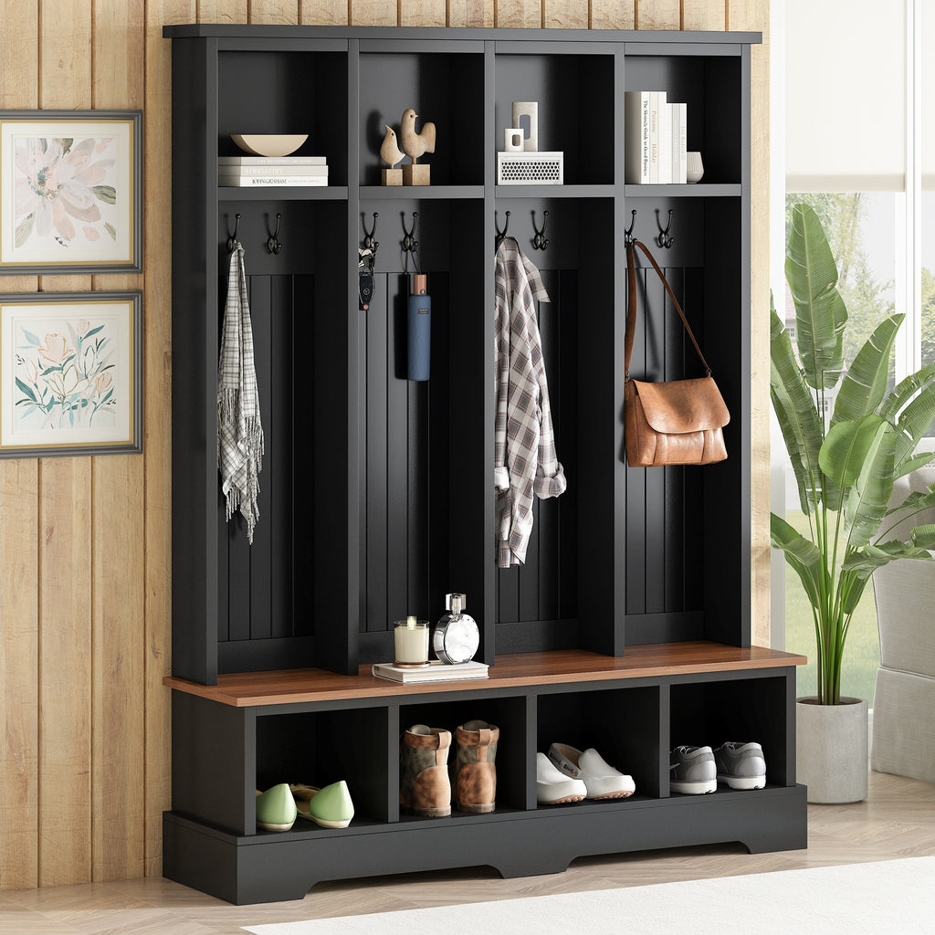 Farmhouse Hall Tree with 8 Hooks, Practical Entryway Bench with Open Compartments, 76.7'H Modern 3-in-1 Wooden Style Coat and Shoe Rack for Mudroom, Living Room, Black (OLD SKU: N721P292601B) - Grand Goldman Shop