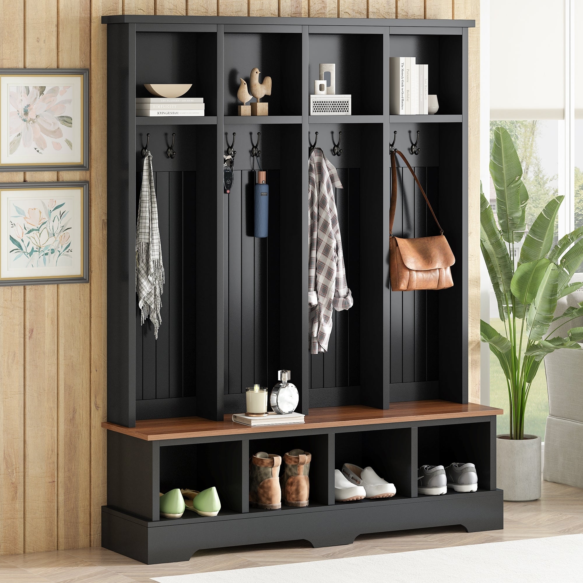 Farmhouse Hall Tree with 8 Hooks, Practical Entryway Bench with Open Compartments, 76.7'H Modern 3-in-1 Wooden Style Coat and Shoe Rack for Mudroom, Living Room, Black (OLD SKU: N721P292601B) - Grand Goldman Shop