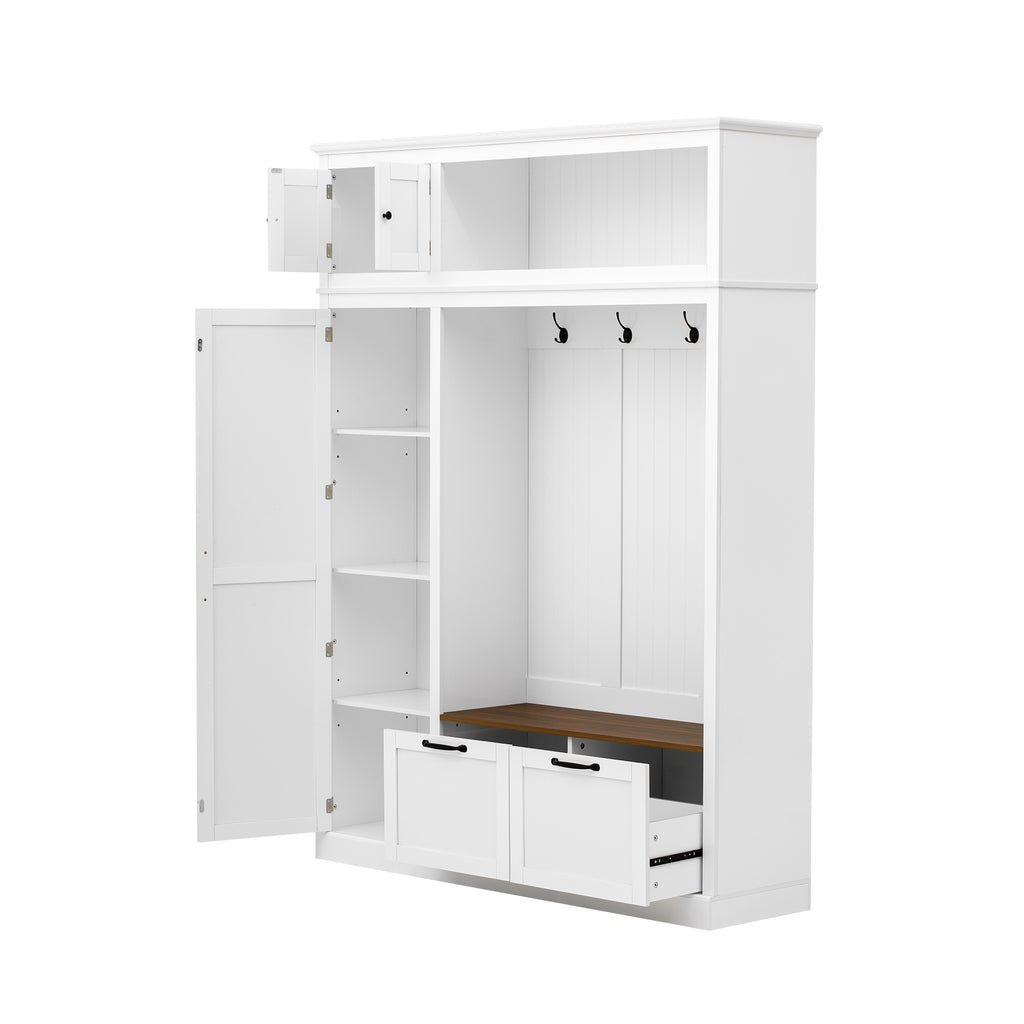 3-in-1 Hall Tree with Overhead Storage Cabinet, 3 Adjustable Side Shelves, 4 Heavy-Duty Hooks, 2 Spacious Drawers, Grooved Back Panel Design, Contrasting Seat Bench, Multifunctional Entryway Organizer - Grand Goldman Shop