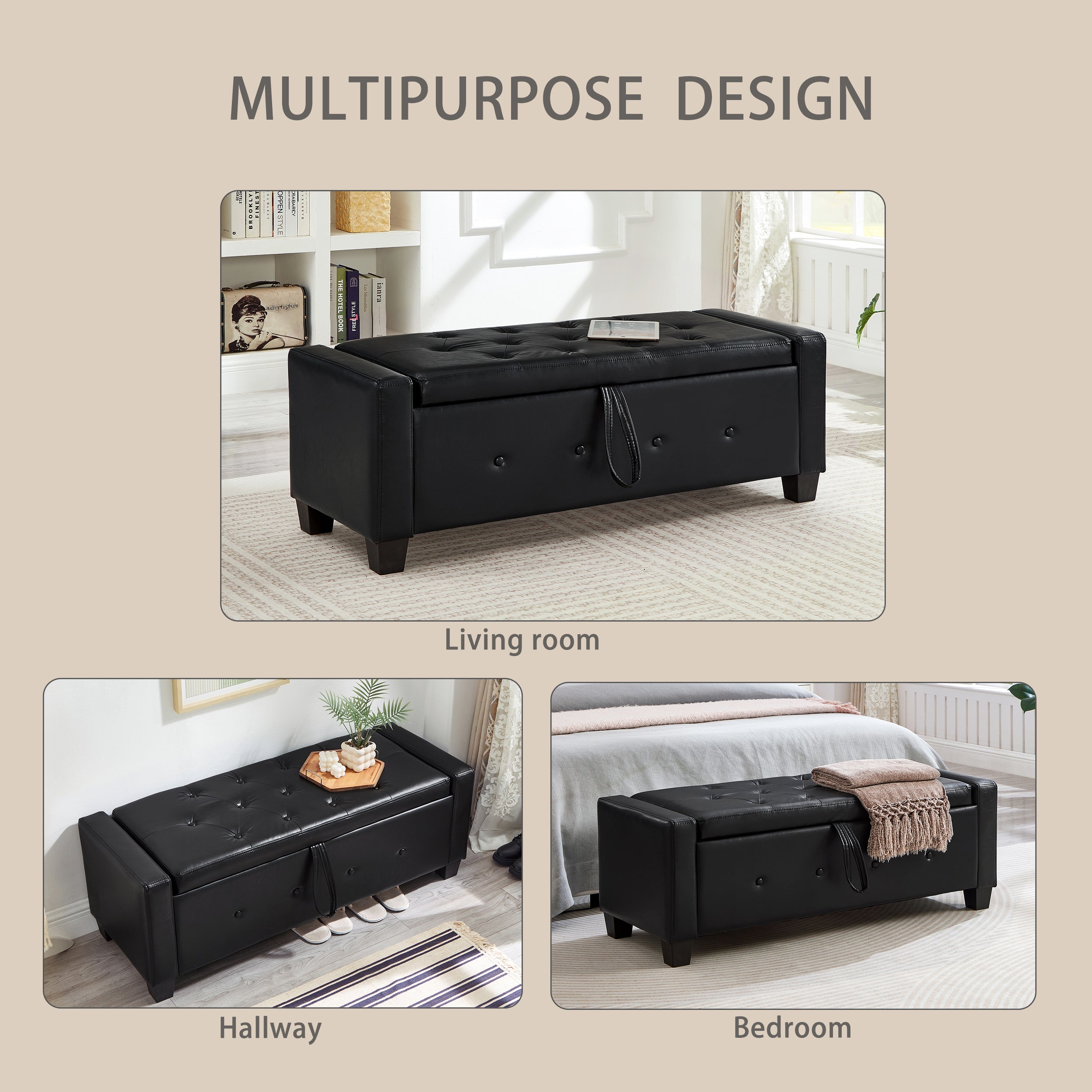 48' Ottoman Bench with Storage, Bench for Bedroom,Living Room,Hallway, Upholstered Tufted Faux Leather PU Ottoman Black - Grand Goldman Shop