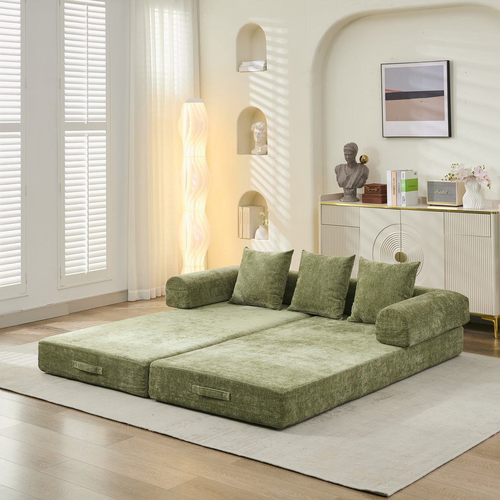 Comfy Convertible Folding Mattress Couch, Floor Sofa Bed, Chenille Floor Sofa with Armrest, Floor Sofa Lounge Couch for Living Room Bedroom Lounge Studio-Green - Grand Goldman Shop
