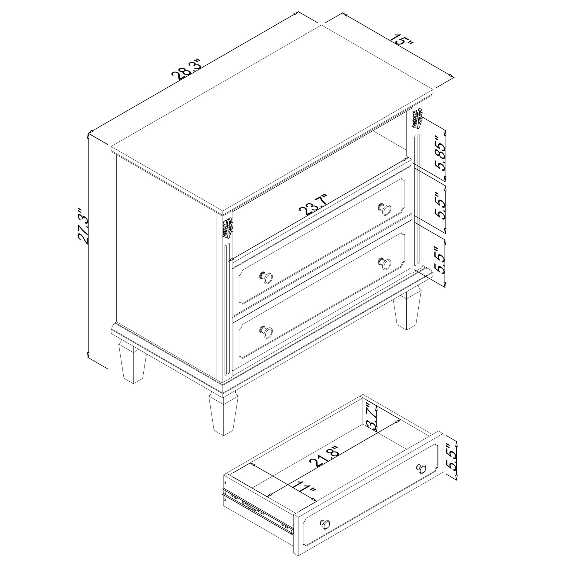 Open Space and 2 Drawers Dresser Nightstand with Charging Station, Farmhouse End Table with USB Ports and Outlets, Fluted Pilasters Design Side Table with Solid Wood Legs for Bedroom - Grand Goldman Shop