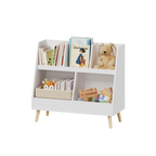Modern Kids Bookshelf and Toy Organizer with 5 Cubbies, 2-Tier Wooden Open Bookcase, White MDF and Pine Legs | Premium Home D