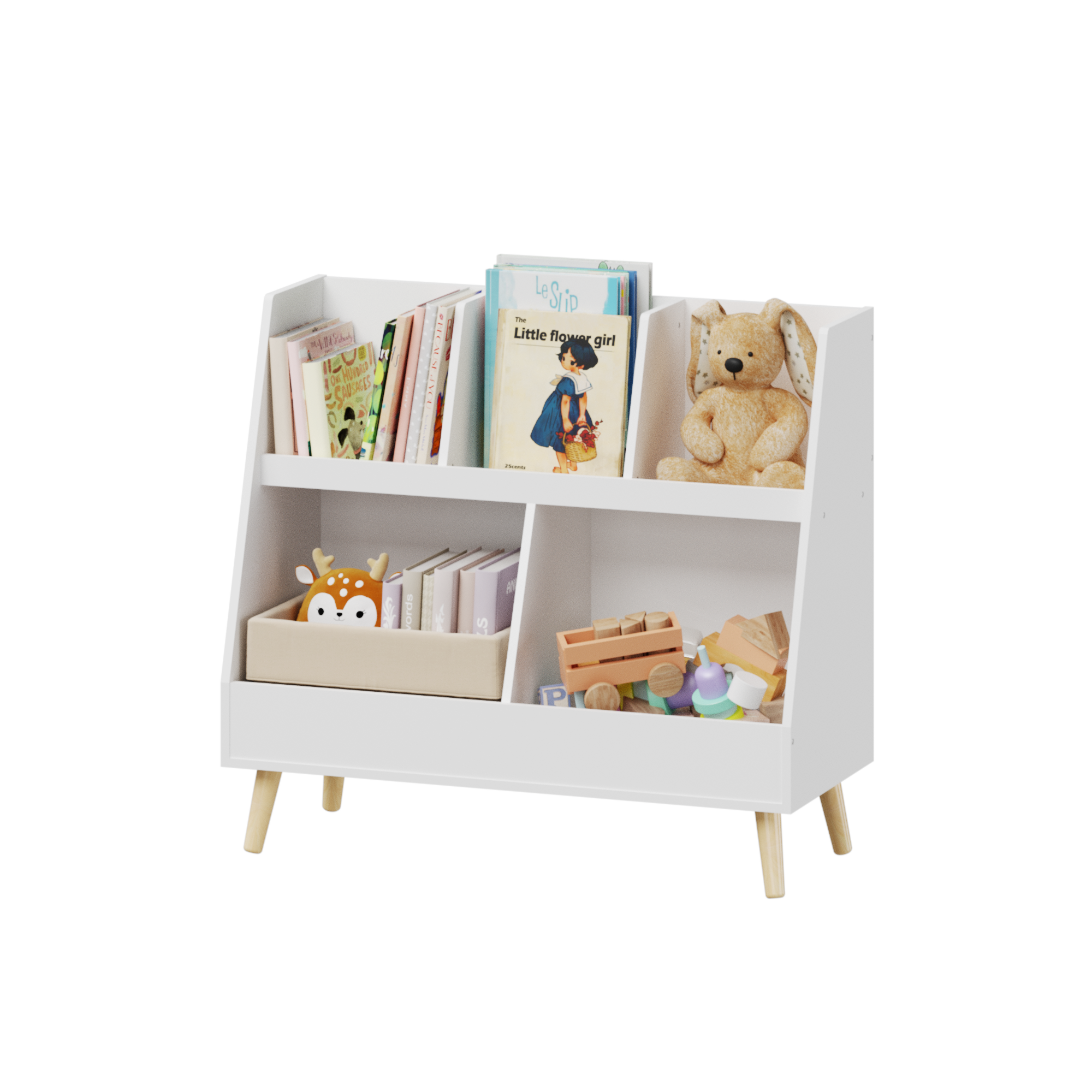Modern Kids Bookshelf and Toy Organizer with 5 Cubbies, 2-Tier Wooden Open Bookcase, White MDF and Pine Legs | Premium Home D