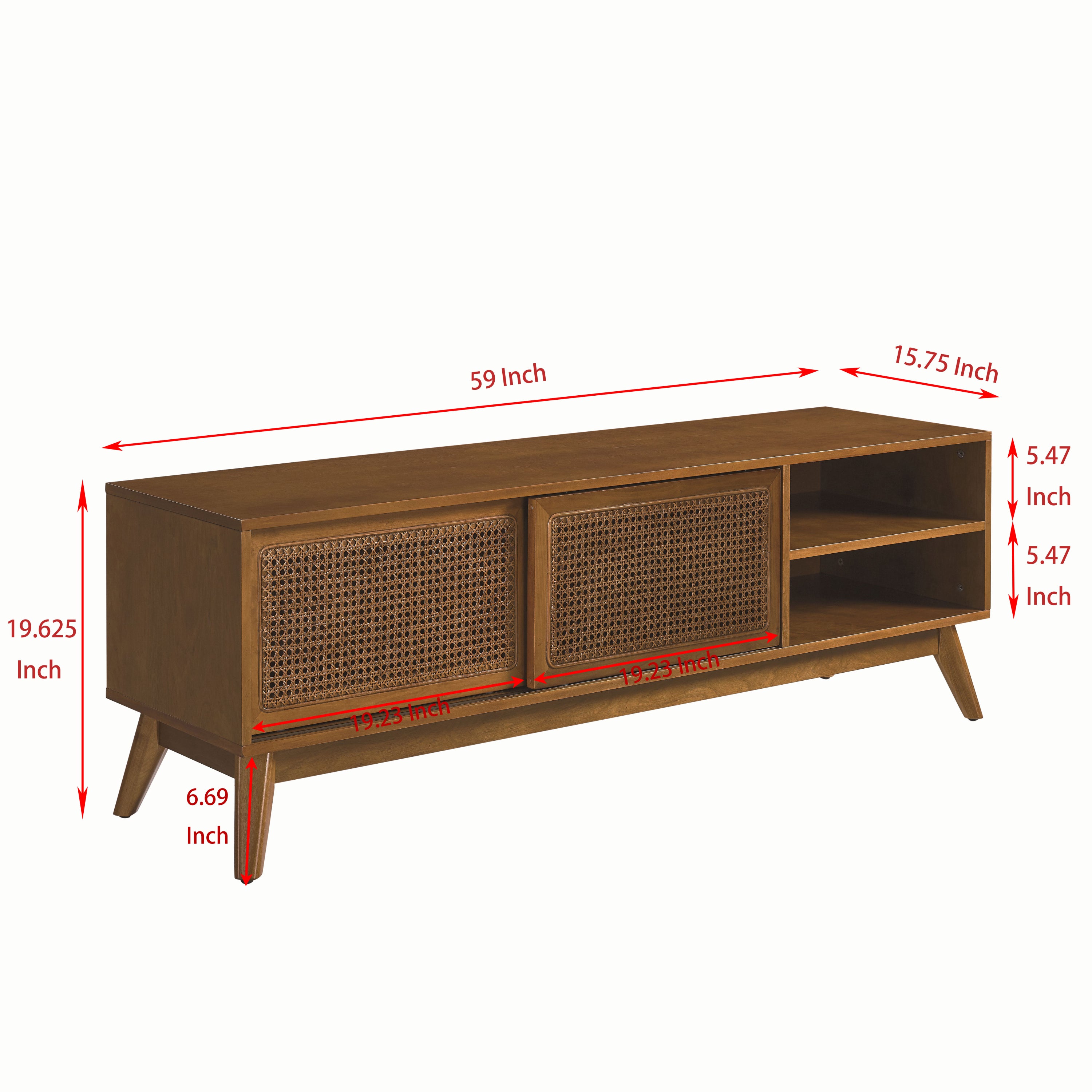 59 Inch Mid Century Modern Rattan TV Stand for 65 Inch TV, Entertainment Cabinet, Media Console for Living Room Media Room, Solid Wood Feet & Rattan Cabinet Doors - Light Wood - Grand Goldman Shop