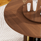 55-inch round dining table for six, featuring a double-tiered storage rack and a rotating tabletop tray. Wooden wavy-striped sliding doors. Ideal for home dining room living room (Walnut). - Grand Goldman Shop