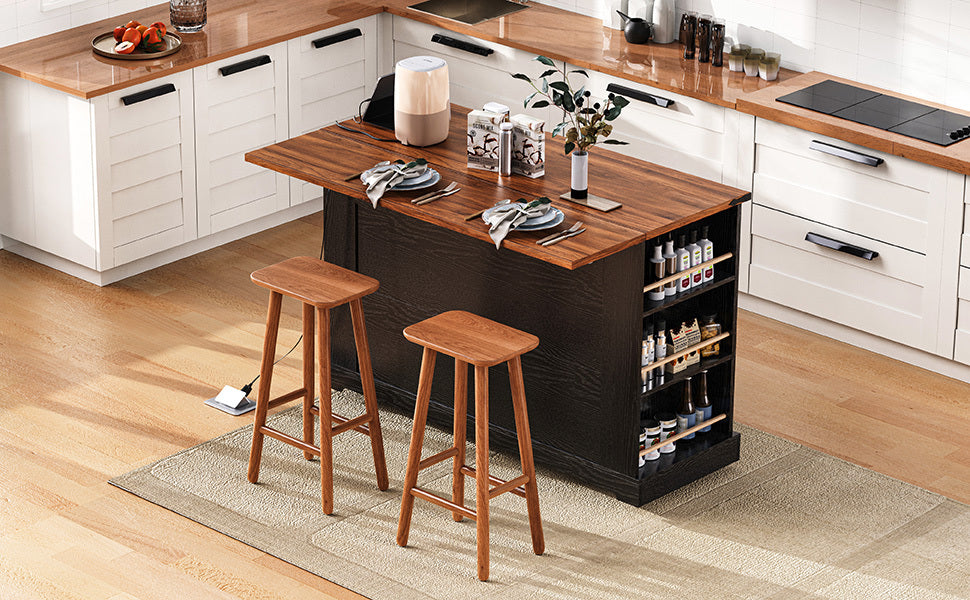 K&K 53'' Farmhouse Kitchen Island with Two Tempered Glass Cabinet Doors, Power Outlet, Rolling Kitchen Cart on Wheels with Drop Leaf, 5 Open Side Racks, 3 Drawers, for Kitchen, Dining Room, Black - Grand Goldman Shop