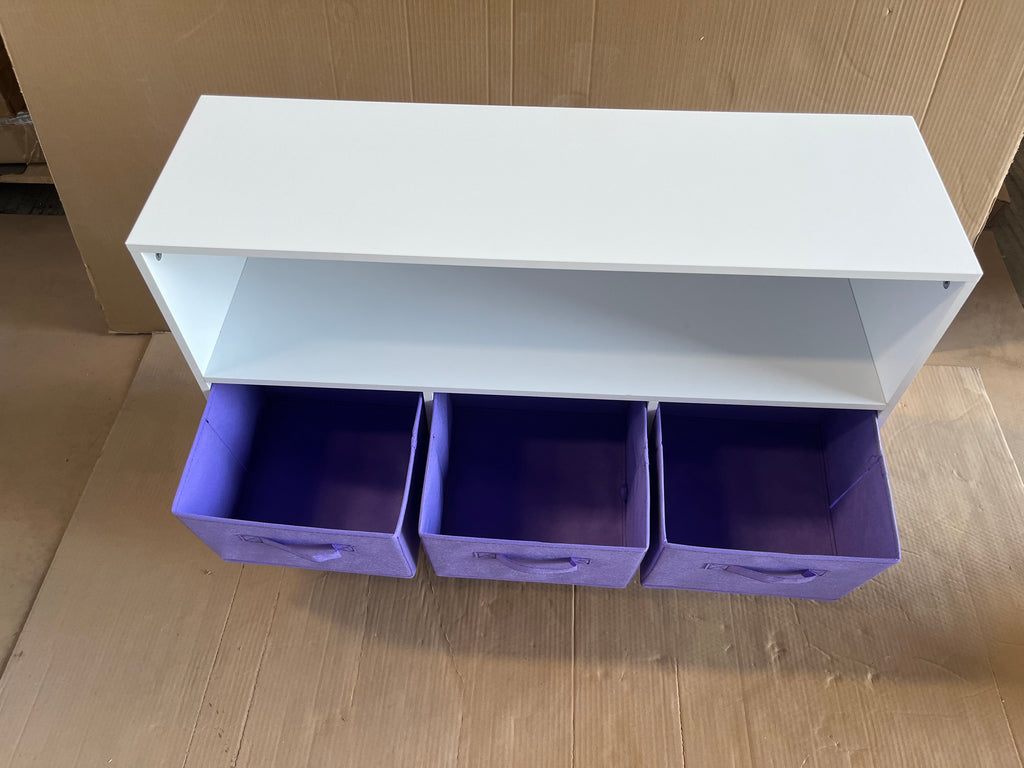 Kids Bookcase with Collapsible Fabric Drawers, Children's Book Display Organizer in White and Purple, MDF with Pine Legs | Pr