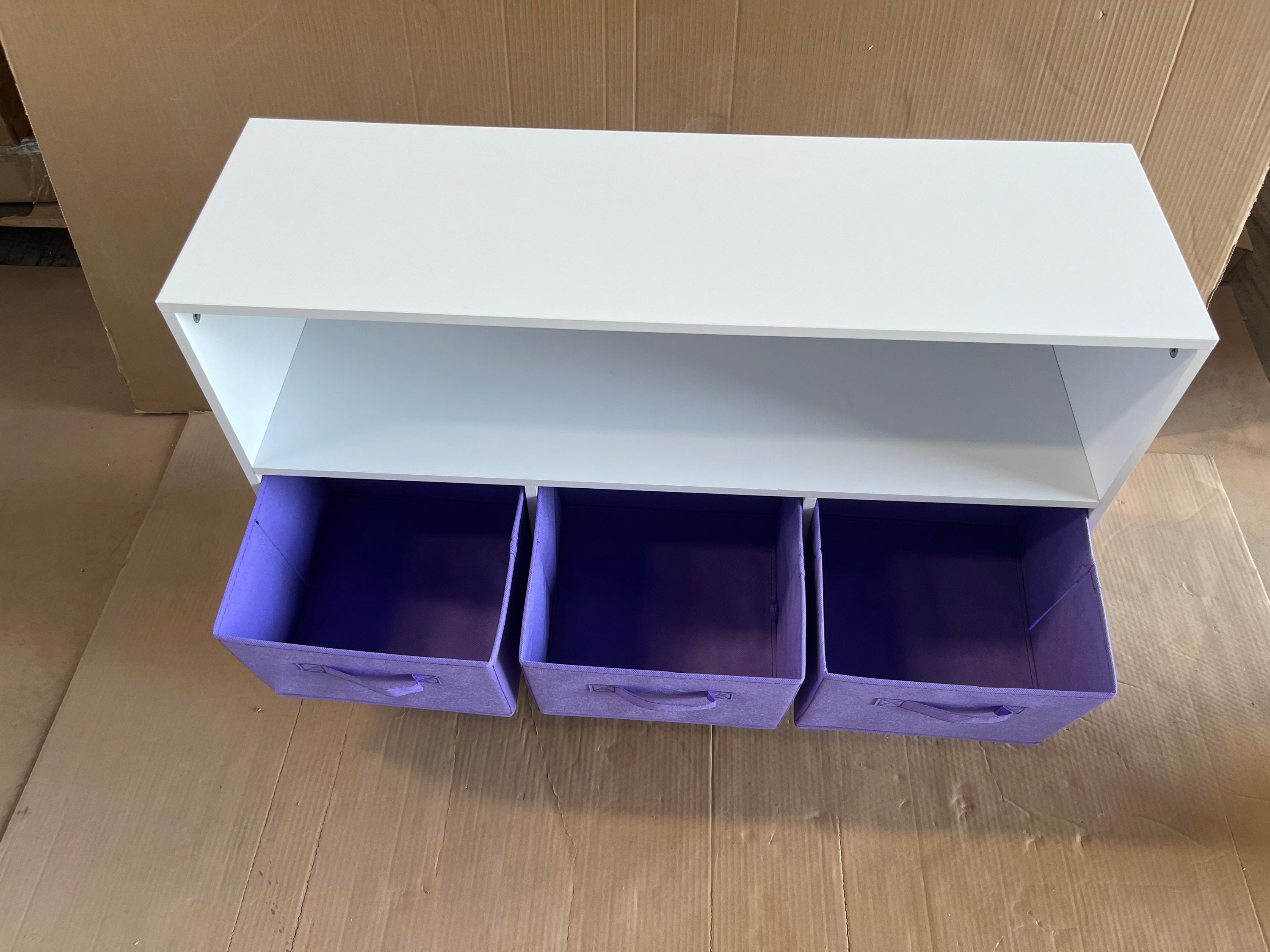 Kids Bookcase with Collapsible Fabric Drawers, Children's Book Display Organizer in White and Purple, MDF with Pine Legs | Pr