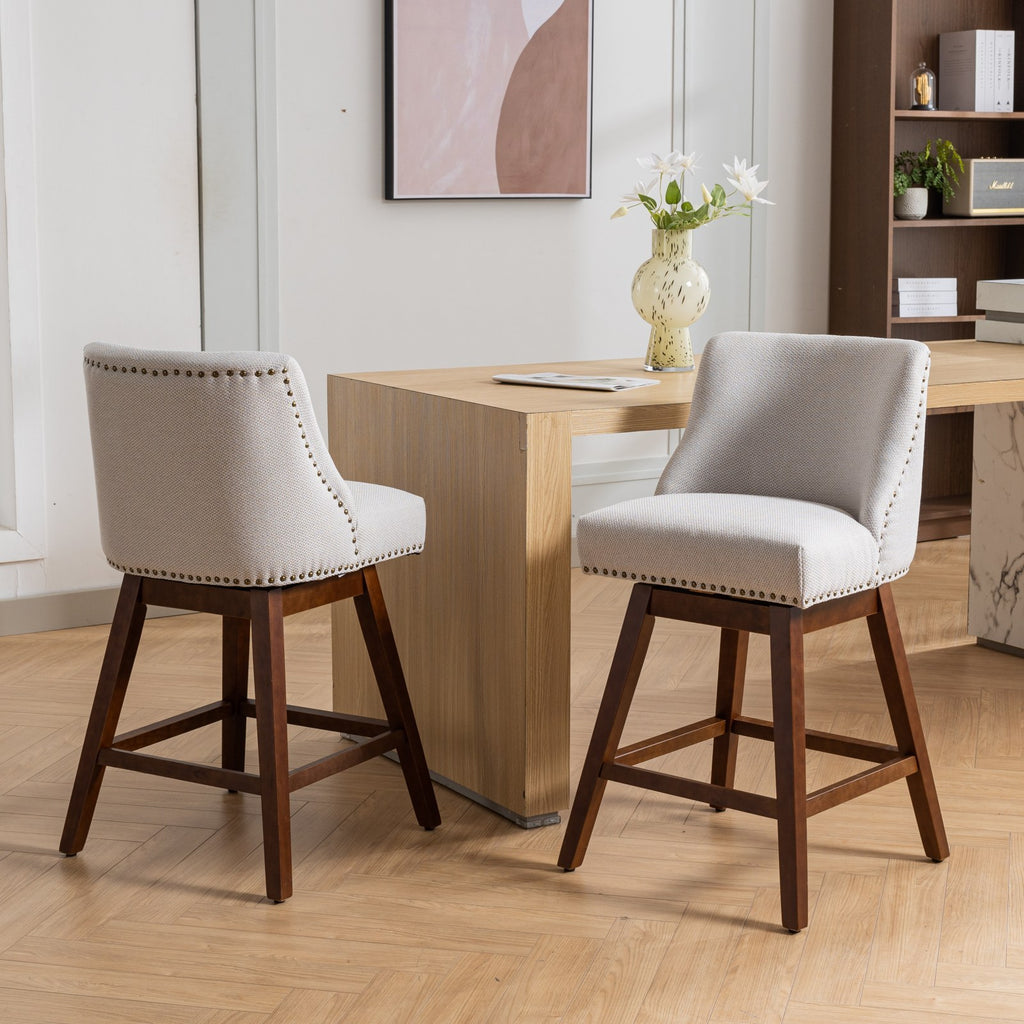 Ivory Upholstered Counter Height Swivel Barstools Set of 2, 26'' H Seat, Fabric and Rubber Wood - Grand Goldman Shop