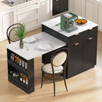 K&K 82.6' Fluted Kitchen Island with Extendable Dining Table for 4-6, Island Table for Kitchen with Power Outlet, Kitchen Table with Double-Side Storage, 2 Drawers 2 Side Open Shelves, Black - Grand Goldman Shop