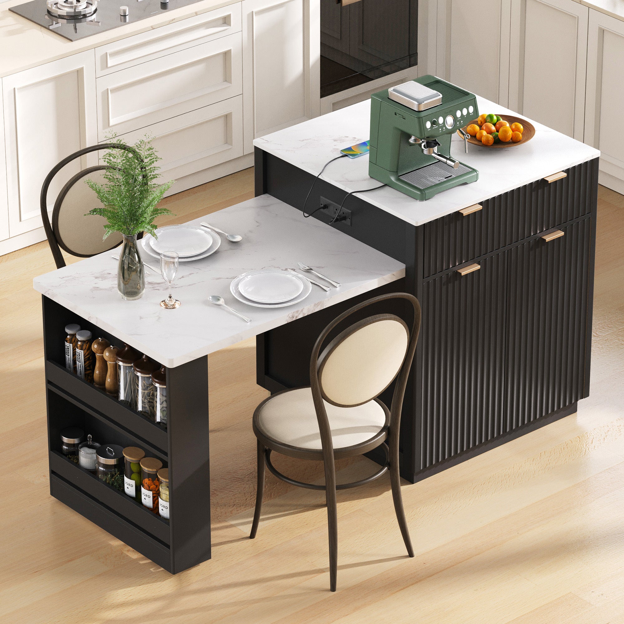 K&K 82.6' Fluted Kitchen Island with Extendable Dining Table for 4-6, Island Table for Kitchen with Power Outlet, Kitchen Table with Double-Side Storage, 2 Drawers 2 Side Open Shelves, Black - Grand Goldman Shop