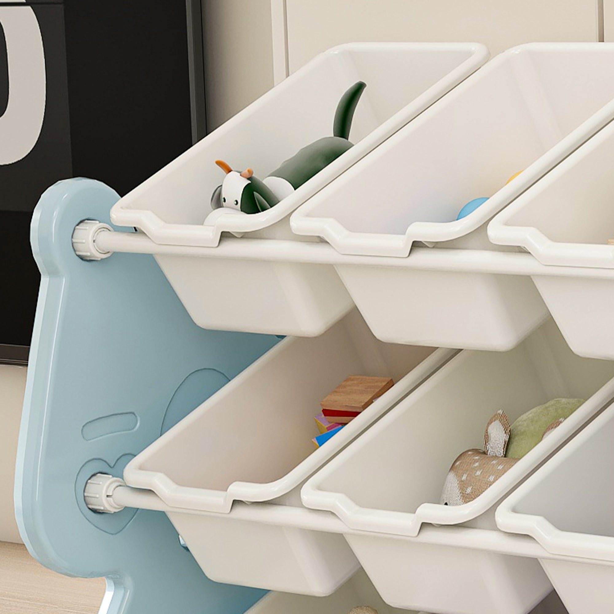 Kids Toy Storage Organizer with 2 Tier Bookshelf, Toy Storage with 12 Bins, Blue Polyethylene, 56.10 x 14.17 x 33.86 inches - Grand Goldman Shop