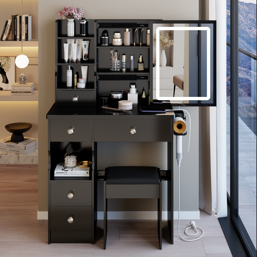 29.2' Small Size Drawer Desktop Vanity Table + Cushioned Stool, 2 AC+2 USB Power Station, Hair dryer bracket, Extra Large Touch Control Sliding LED Mirror, 3-color Switching, EPA, GCC, UL Certificate - Grand Goldman Shop