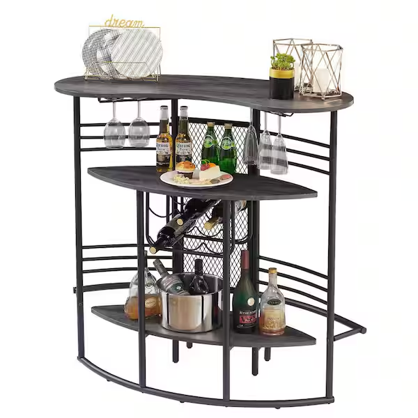 Oval Bar Table with Wood Counter Top and Wine Rack Storage, Wine Bakers Rack for Dining Room, Gray - Grand Goldman Shop