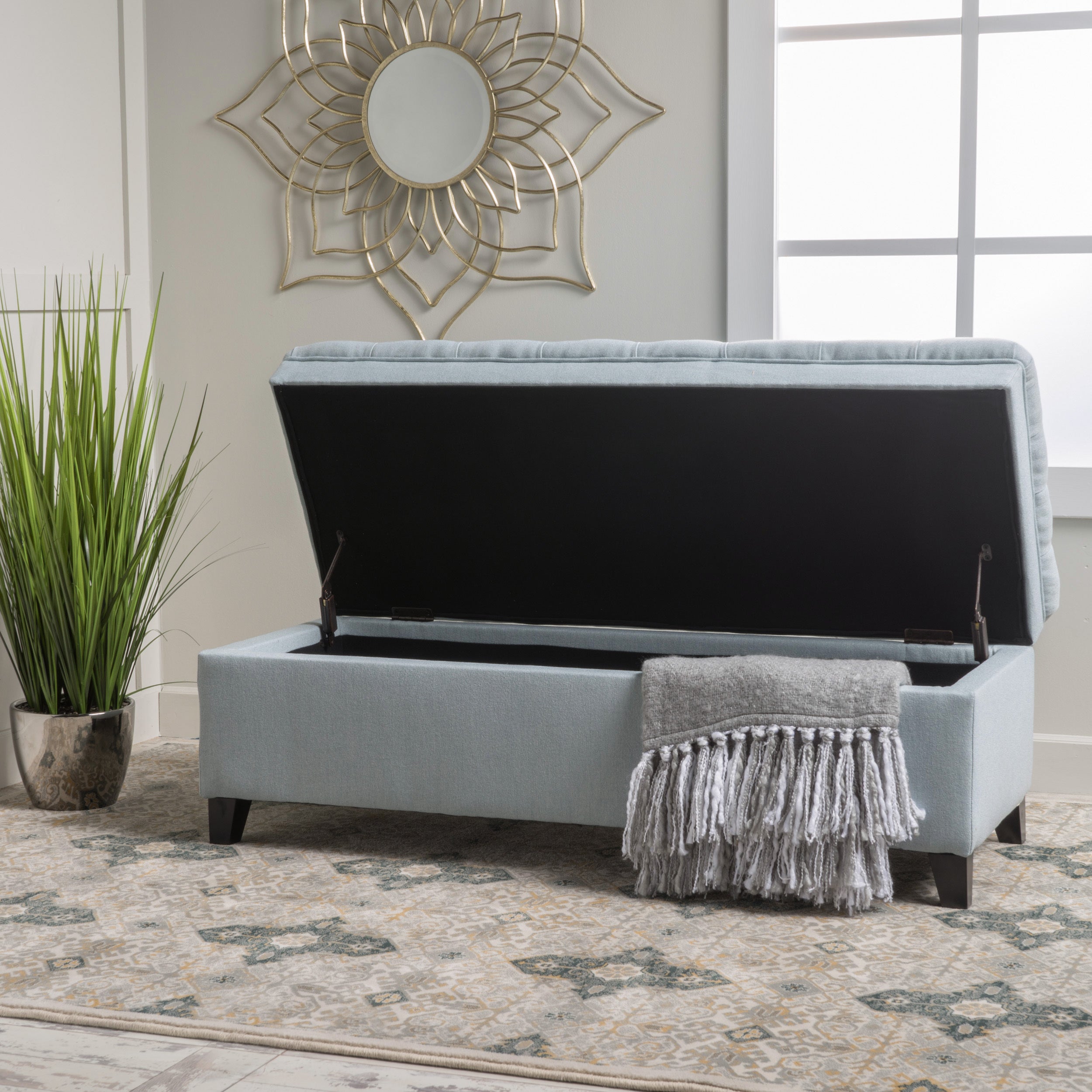 Juliana Storage Ottoman with Fabric Upholstery in Light Blue, Birch Legs, 50 x 20.5 x 18.3 Inches - Grand Goldman Shop