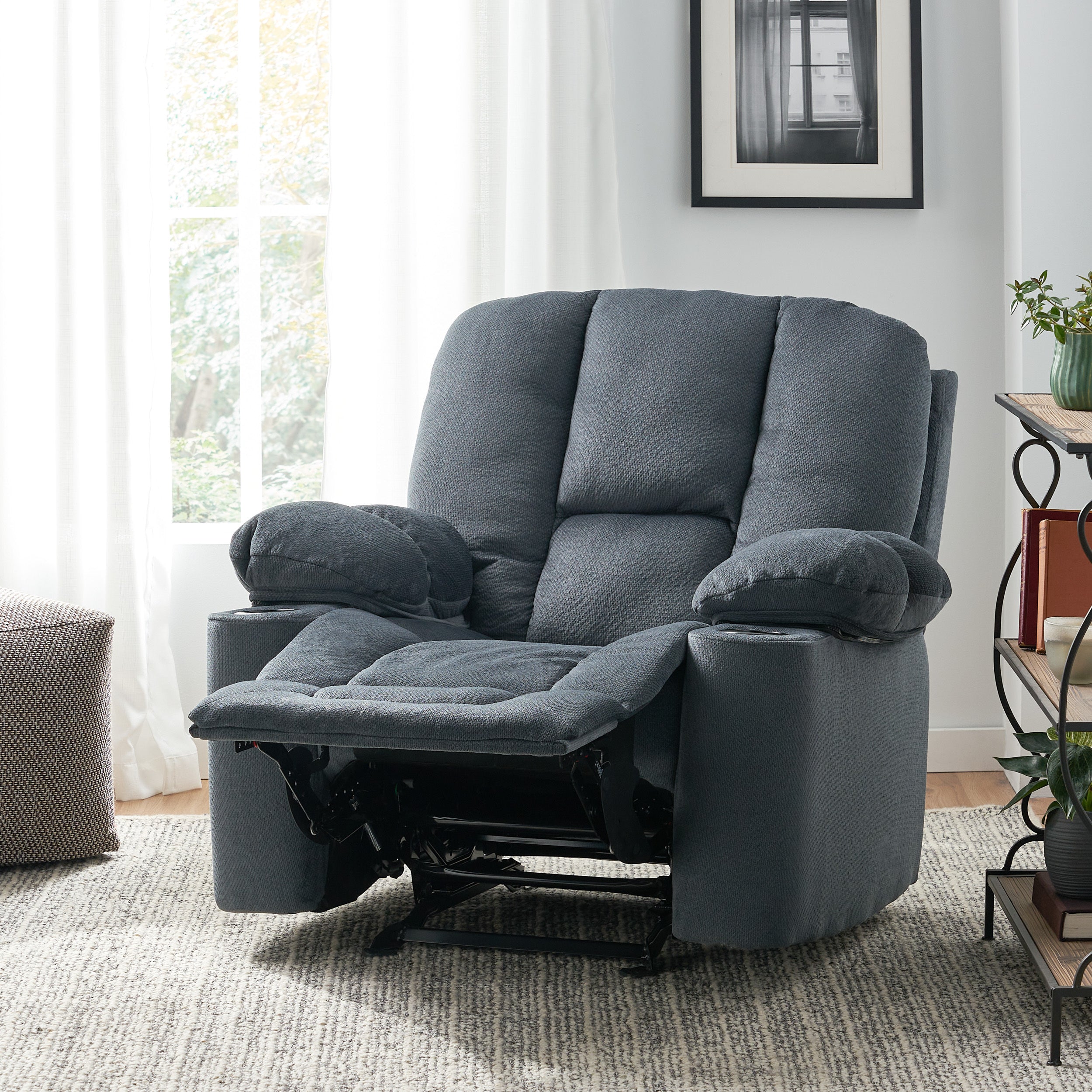 Fervor Luxurious Manual Recliner Chair with Skin-Friendly Fabric and Dual Cup Holders, Silver - Grand Goldman Shop