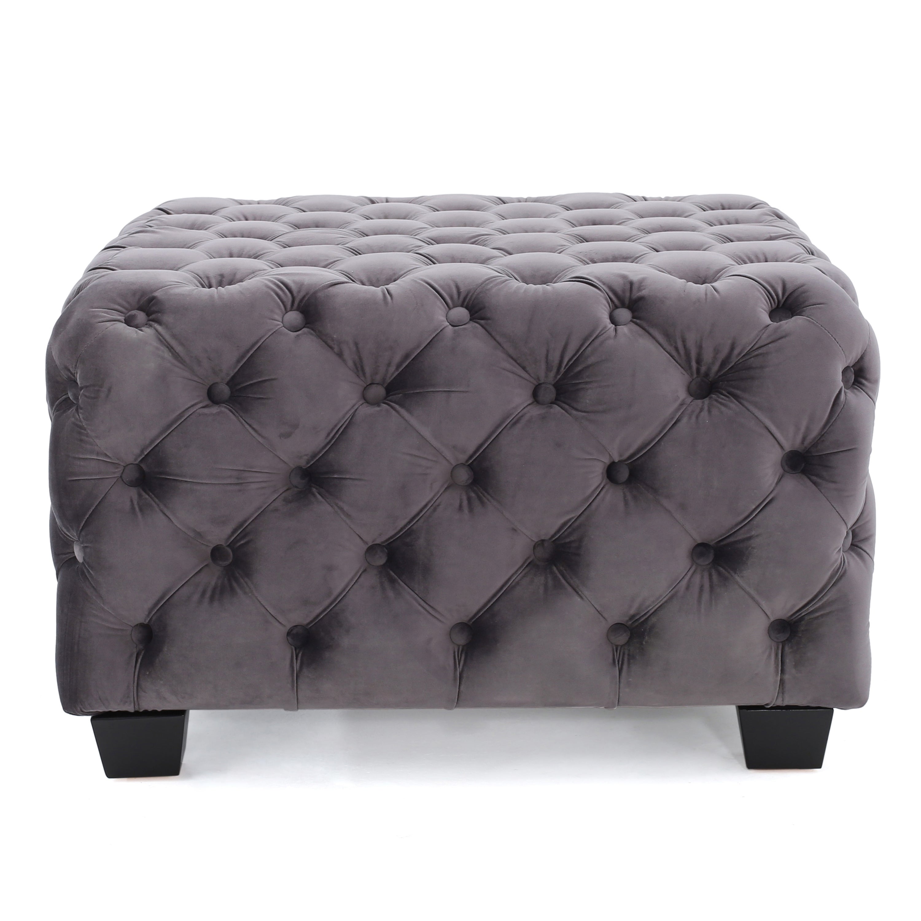 Modern Glam Velvet Ottoman with Button-Tufted Diamond Stitch Design in Grey - Grand Goldman Shop