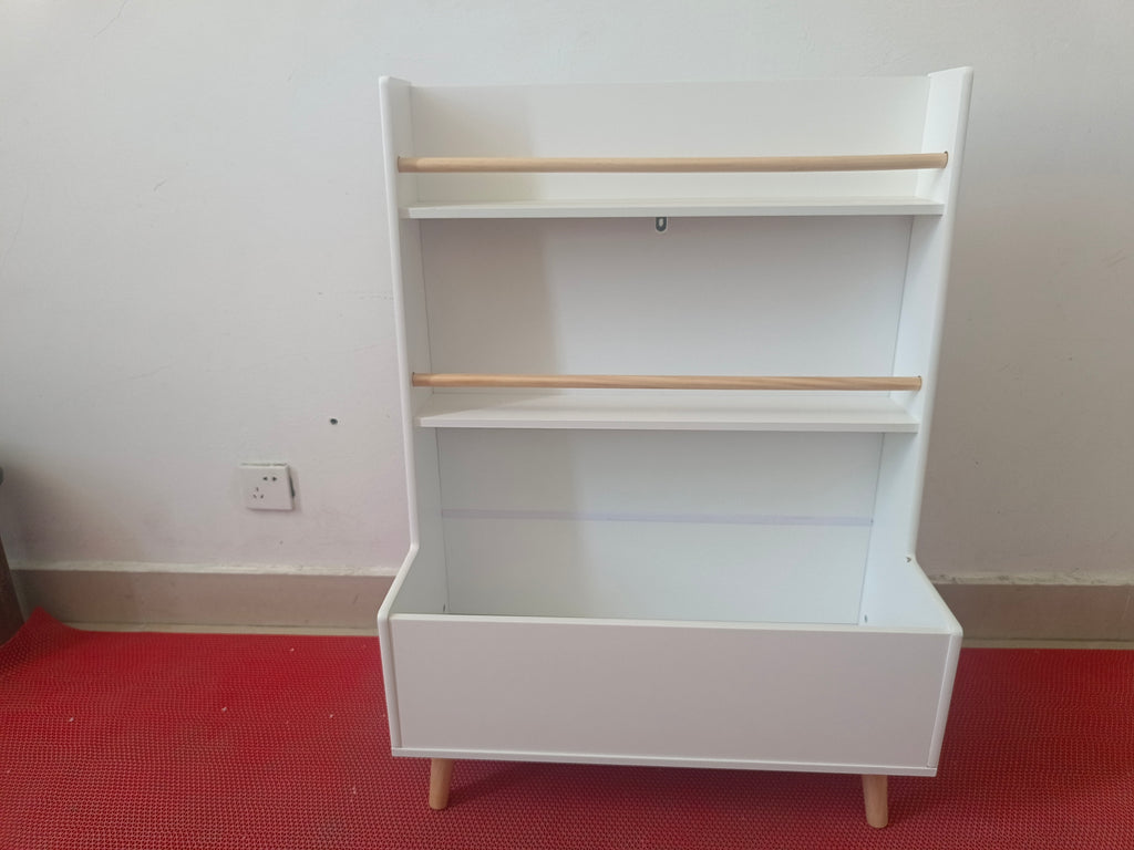Kids Bookshelf White MDF and Pine Legs Book Organizer with Toy Storage, 26.77 x 12.60 x 36.61 inches | Premium Home Decor - G