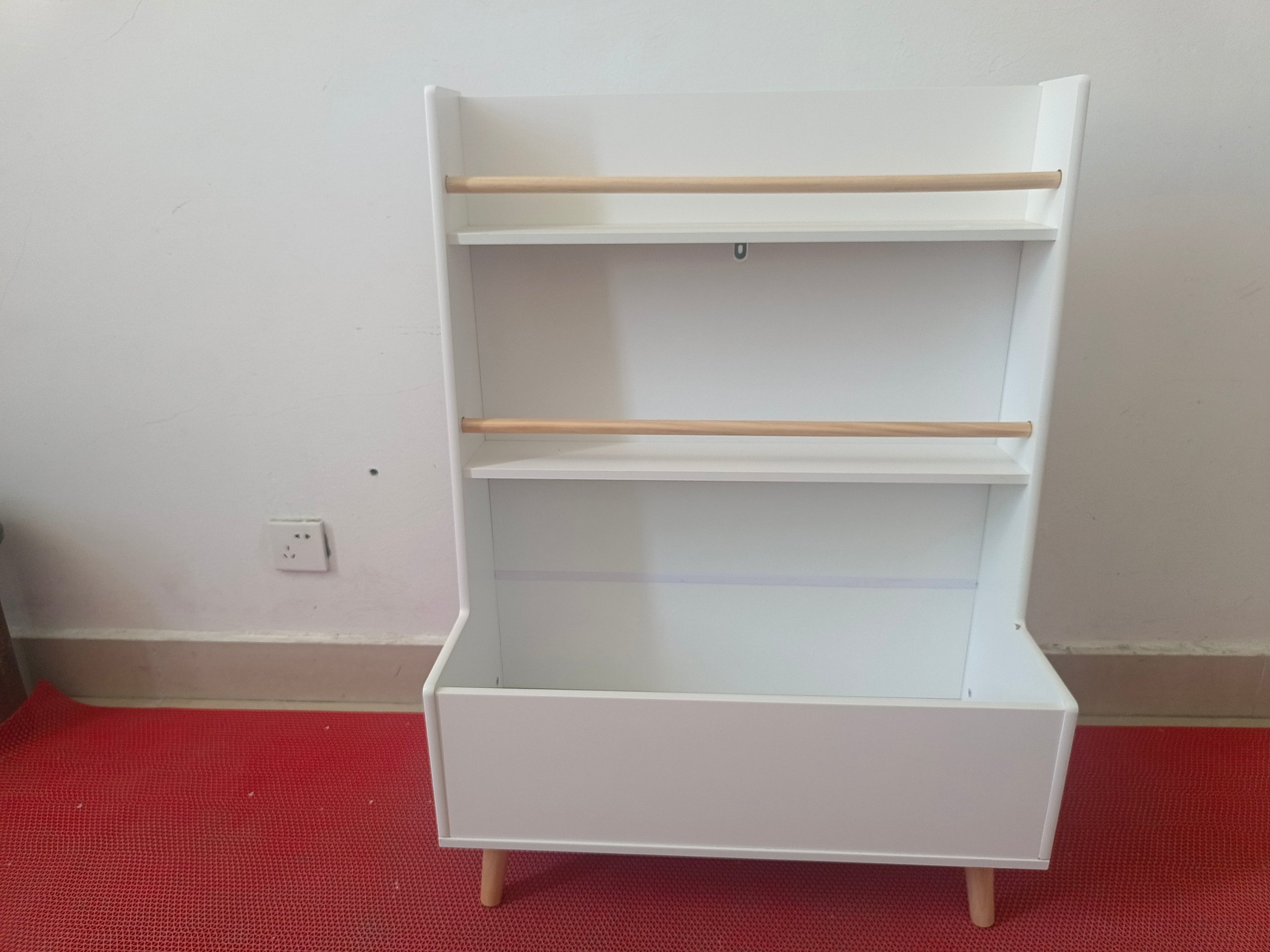 Kids Bookshelf White MDF and Pine Legs Book Organizer with Toy Storage, 26.77 x 12.60 x 36.61 inches | Premium Home Decor - G