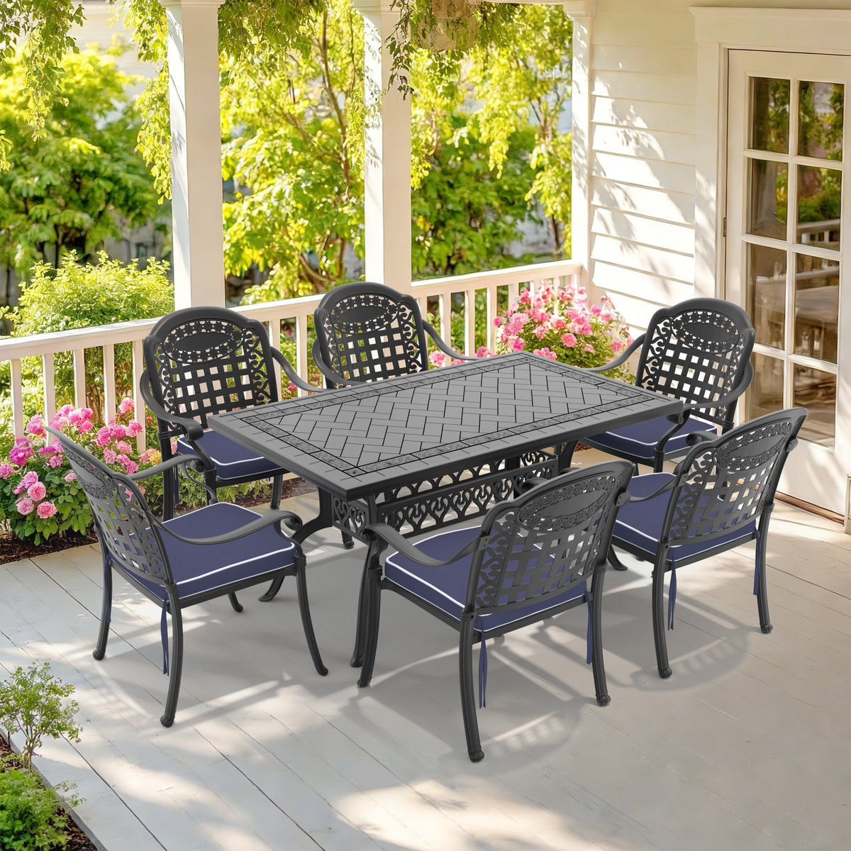 7-Piece Set Of Cast Aluminum Patio Furniture With Black Frame and Blue Seat Cushions