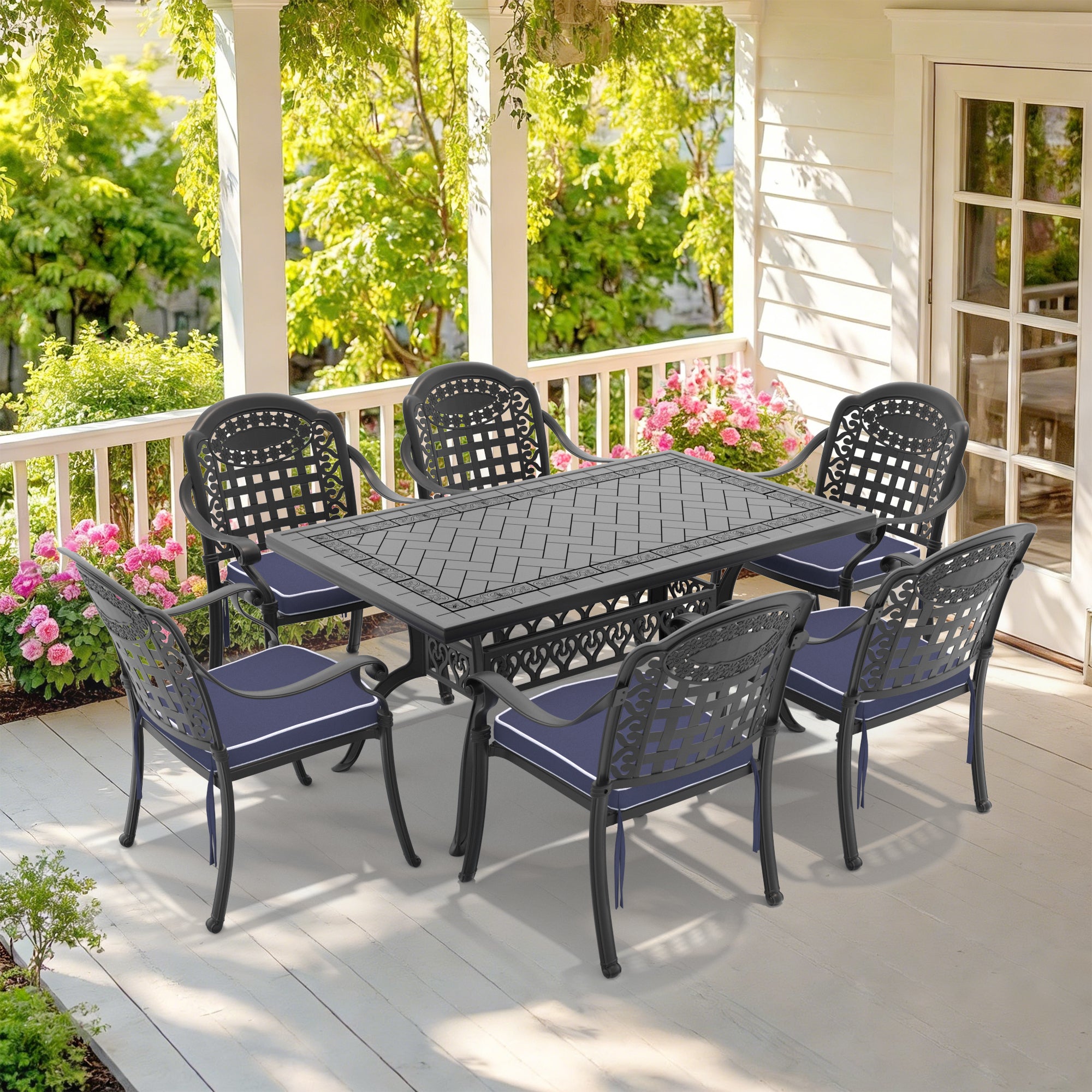 7-Piece Set Of Cast Aluminum Patio Furniture With Black Frame and Blue Seat Cushions
