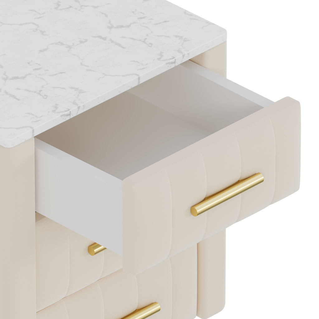 Upholstered Wooden Nightstand with 3 Drawers and Metal Legs&Handles, Bedside Table with Marbling Stickers Worktop - Beige - Grand Goldman Shop