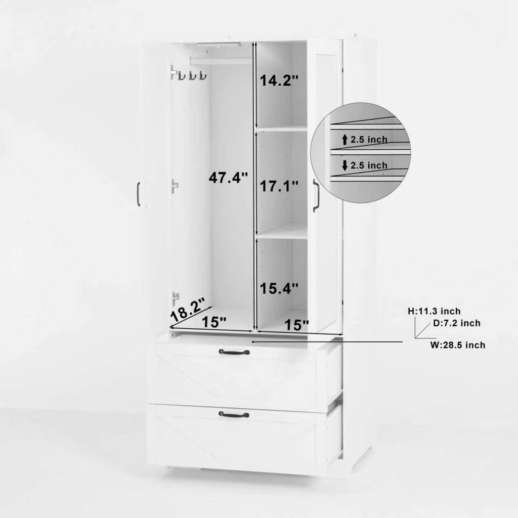 2 Door Wood Wardrobe for Bedroom with Hanging Clothing Rod inside the Cabinet and 2 Drawers for Storage Organization, Built-in induction light Multifunctional Closet with Mirror, White - Grand Goldman Shop