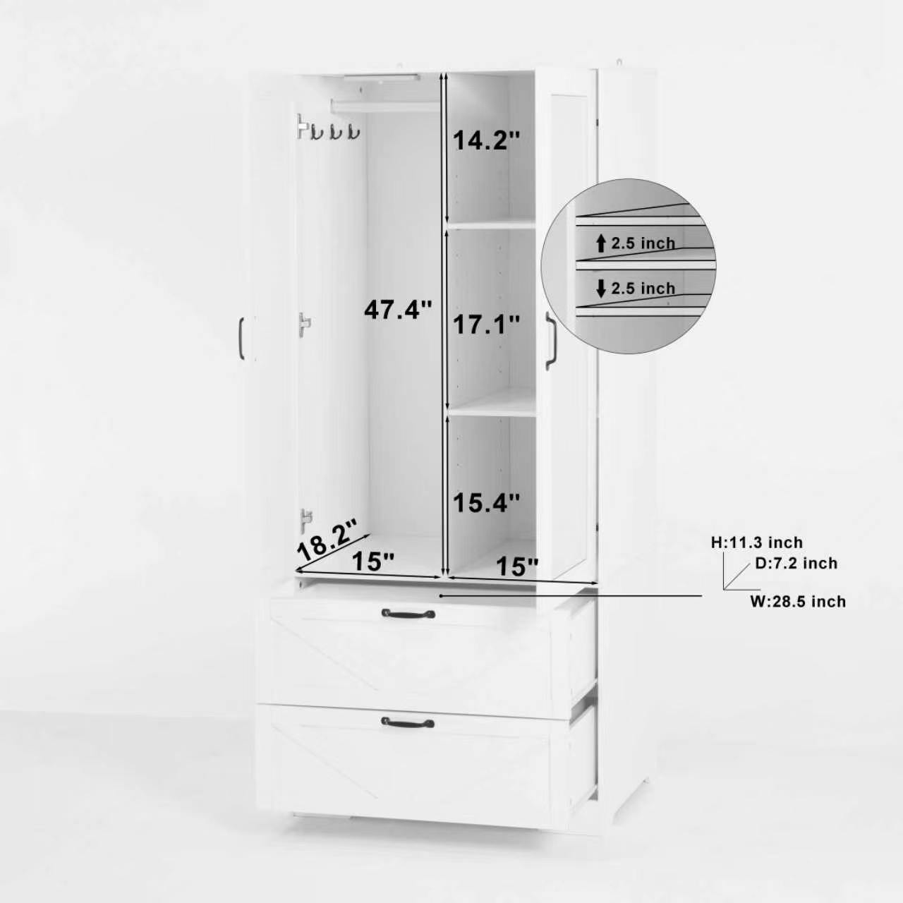 2 Door Wood Wardrobe for Bedroom with Hanging Clothing Rod inside the Cabinet and 2 Drawers for Storage Organization, Built-in induction light Multifunctional Closet with Mirror, White - Grand Goldman Shop