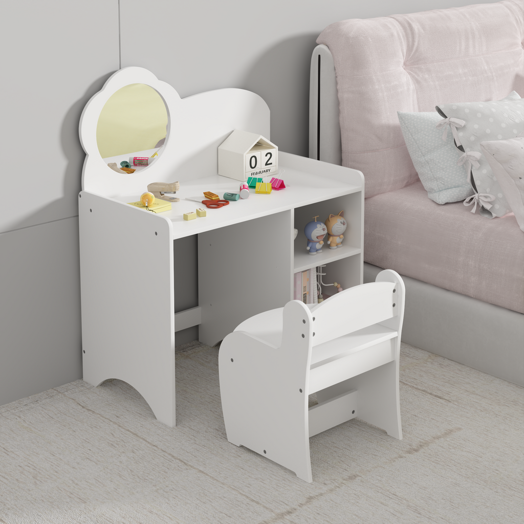 Kids Vanity Table with Mirror and Chair, Wooden Children's Dressing Makeup Desk with Storage Shelves, Study and Activity Tabl