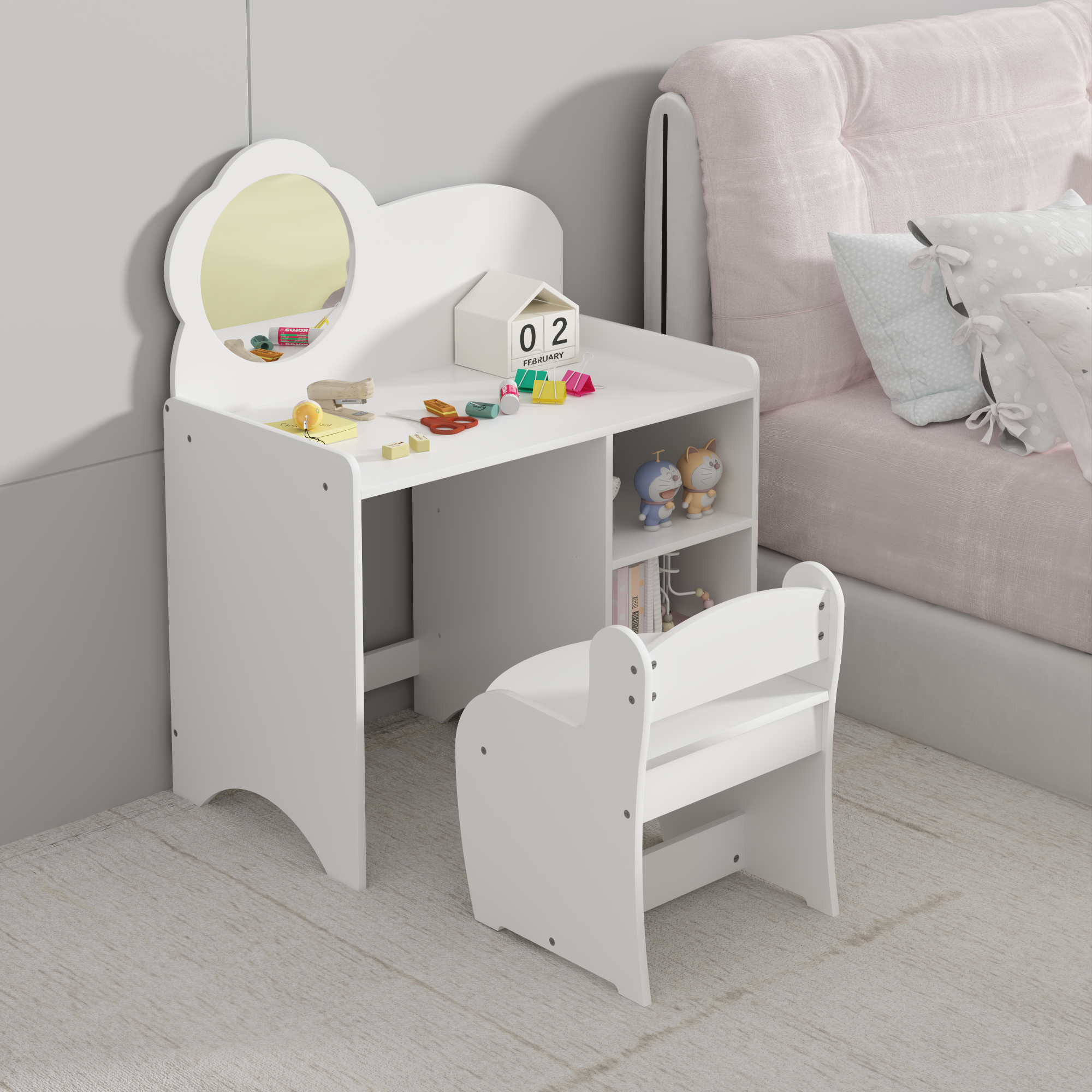 Kids Vanity Table with Mirror and Chair, Wooden Children's Dressing Makeup Desk with Storage Shelves, Study and Activity Tabl