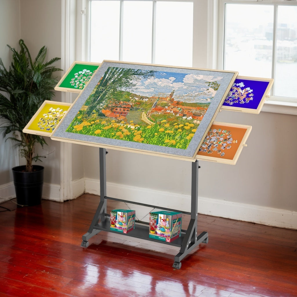 Wooden 1500 Pieces Puzzle Table with Drawer, 35'*27.17' Adjustable Puzzle Table, 360° Tilting Puzzle Table with Legs and Whee