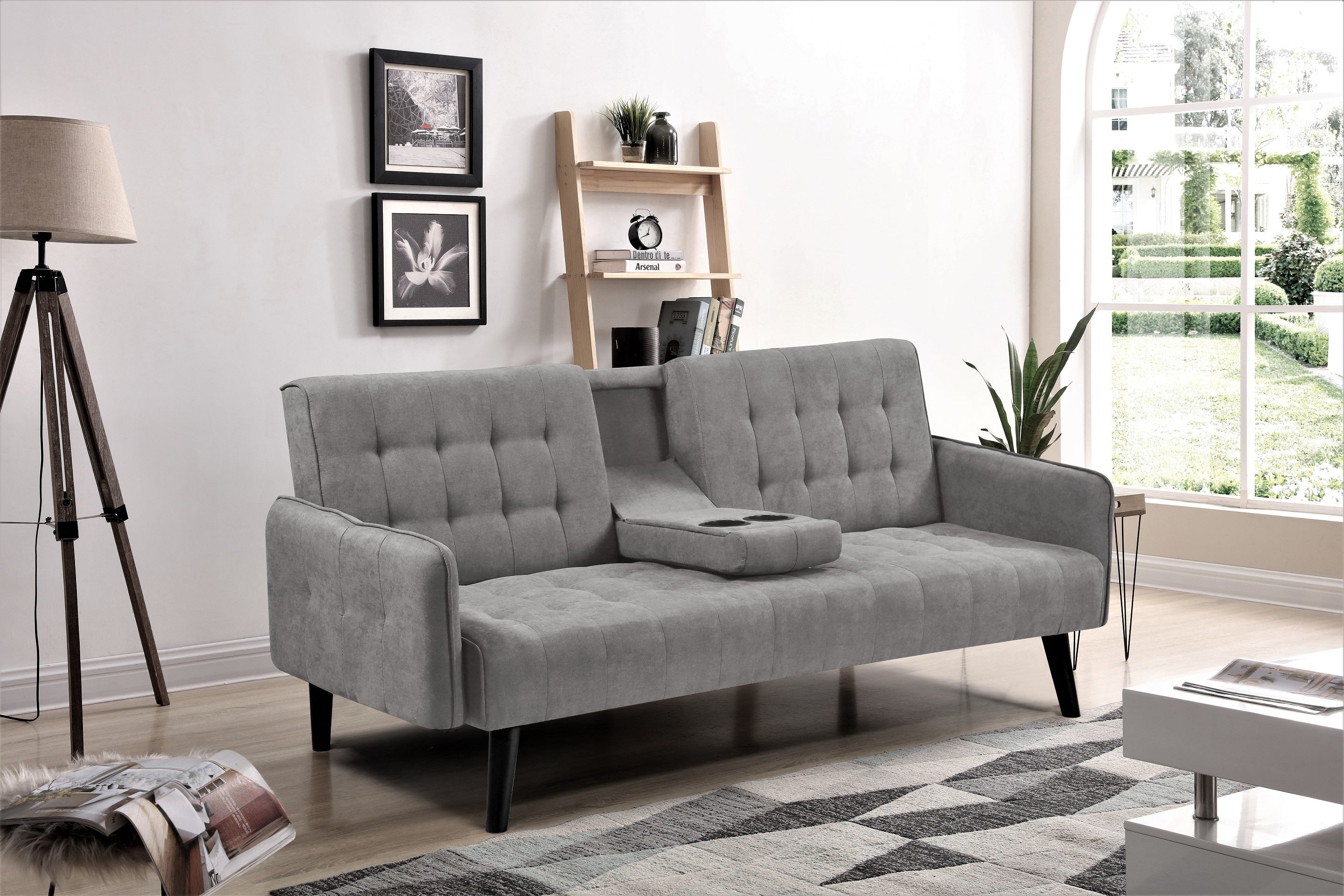72' Sleeper Sofa Bed - Convertible Folding Backrest to Full Bed with Cup Holder & Drop-Down Table - Space Saving Linen Sofa for Small Spaces - Easy Assembly, Grey - Grand Goldman Shop